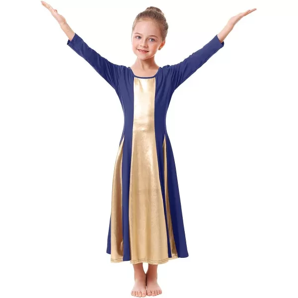 OwlFay Praise Dance Dress for Girl Liturgical Metallic Gold Full Length Long Gown Ruffle Tunic Circle Skirt Worship DancewearNavy Blue  Gold