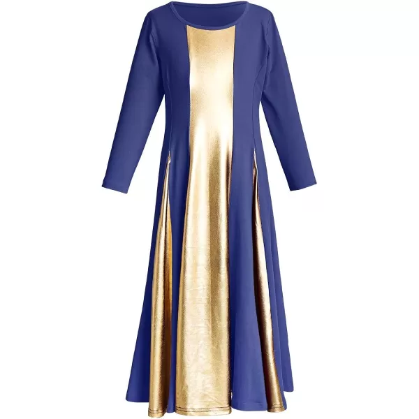 OwlFay Praise Dance Dress for Girl Liturgical Metallic Gold Full Length Long Gown Ruffle Tunic Circle Skirt Worship DancewearNavy Blue  Gold