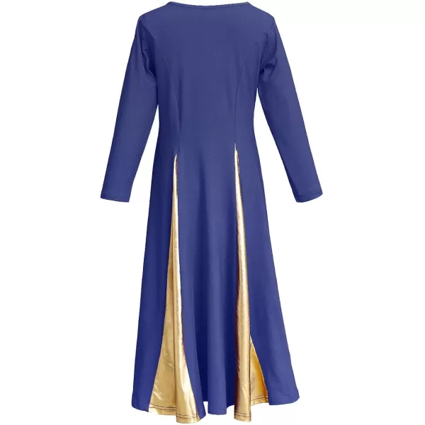 OwlFay Praise Dance Dress for Girl Liturgical Metallic Gold Full Length Long Gown Ruffle Tunic Circle Skirt Worship DancewearNavy Blue  Gold