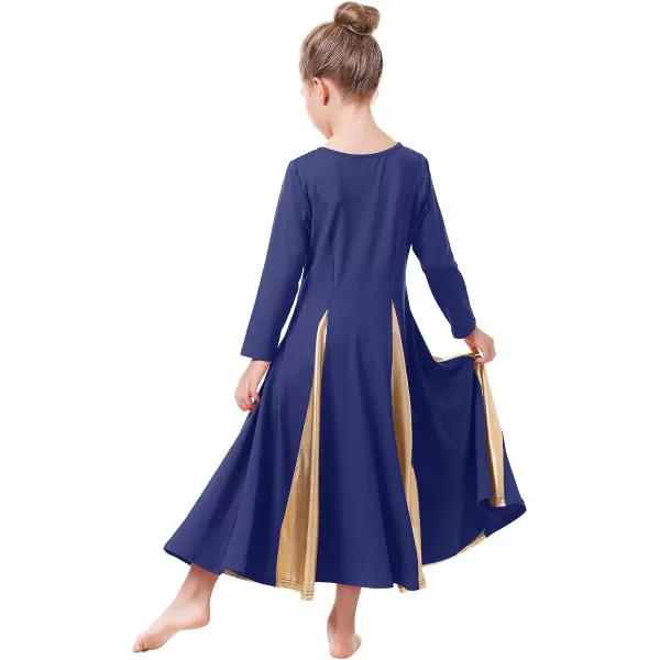 OwlFay Praise Dance Dress for Girl Liturgical Metallic Gold Full Length Long Gown Ruffle Tunic Circle Skirt Worship DancewearNavy Blue  Gold