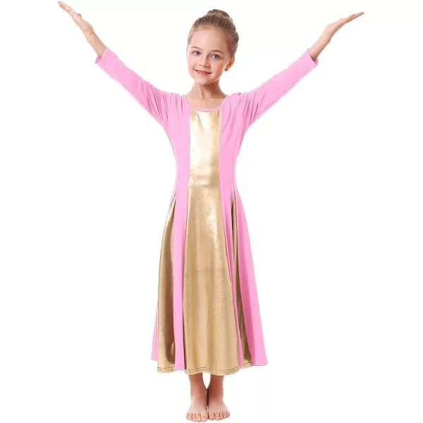 OwlFay Praise Dance Dress for Girl Liturgical Metallic Gold Full Length Long Gown Ruffle Tunic Circle Skirt Worship DancewearPink  Gold