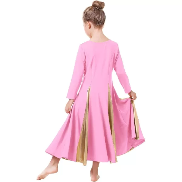 OwlFay Praise Dance Dress for Girl Liturgical Metallic Gold Full Length Long Gown Ruffle Tunic Circle Skirt Worship DancewearPink  Gold