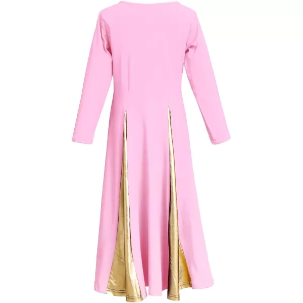 OwlFay Praise Dance Dress for Girl Liturgical Metallic Gold Full Length Long Gown Ruffle Tunic Circle Skirt Worship DancewearPink  Gold