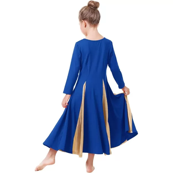 OwlFay Praise Dance Dress for Girl Liturgical Metallic Gold Full Length Long Gown Ruffle Tunic Circle Skirt Worship DancewearRoyal Blue  Gold