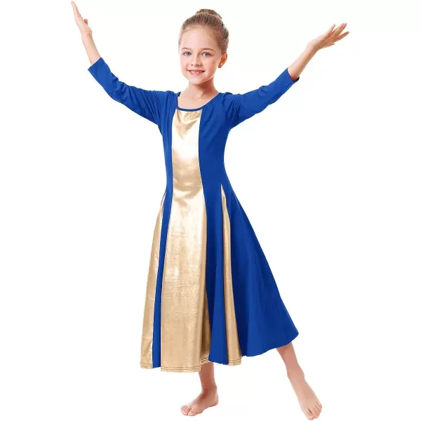 OwlFay Praise Dance Dress for Girl Liturgical Metallic Gold Full Length Long Gown Ruffle Tunic Circle Skirt Worship DancewearRoyal Blue  Gold