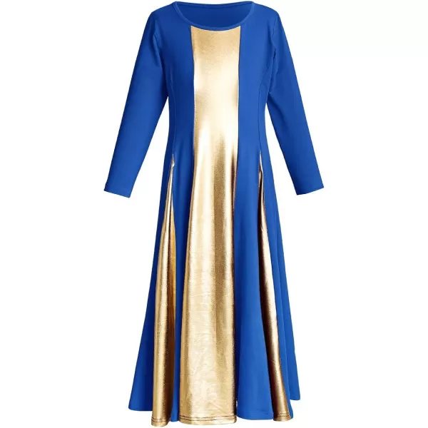 OwlFay Praise Dance Dress for Girl Liturgical Metallic Gold Full Length Long Gown Ruffle Tunic Circle Skirt Worship DancewearRoyal Blue  Gold