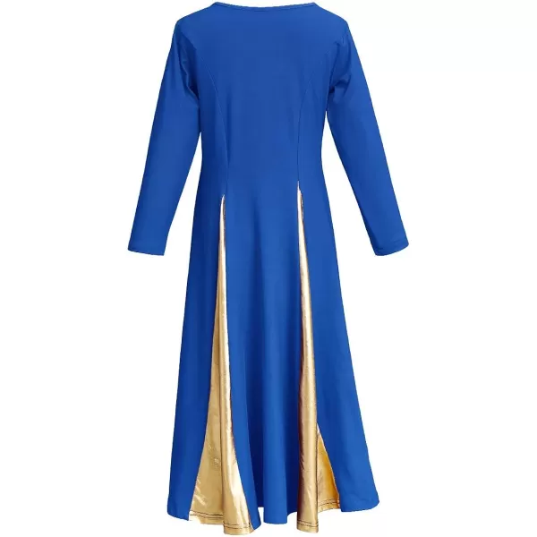 OwlFay Praise Dance Dress for Girl Liturgical Metallic Gold Full Length Long Gown Ruffle Tunic Circle Skirt Worship DancewearRoyal Blue  Gold