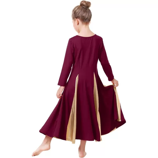 OwlFay Praise Dance Dress for Girl Liturgical Metallic Gold Full Length Long Gown Ruffle Tunic Circle Skirt Worship DancewearWine Red  Gold