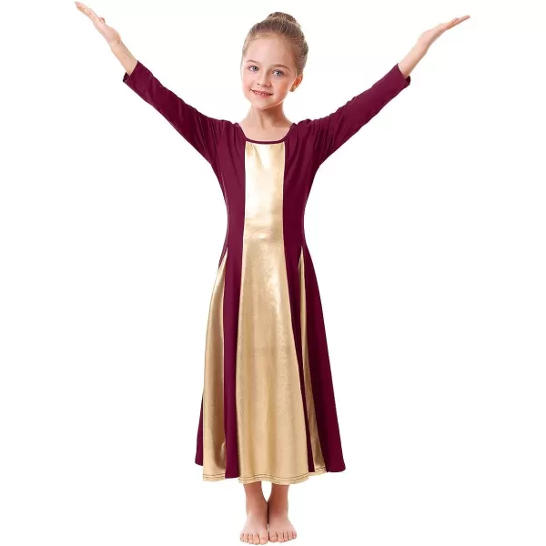 OwlFay Praise Dance Dress for Girl Liturgical Metallic Gold Full Length Long Gown Ruffle Tunic Circle Skirt Worship DancewearWine Red  Gold