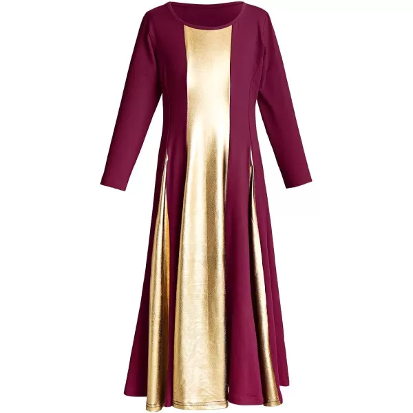 OwlFay Praise Dance Dress for Girl Liturgical Metallic Gold Full Length Long Gown Ruffle Tunic Circle Skirt Worship DancewearWine Red  Gold