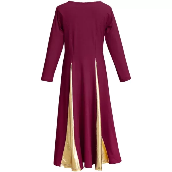 OwlFay Praise Dance Dress for Girl Liturgical Metallic Gold Full Length Long Gown Ruffle Tunic Circle Skirt Worship DancewearWine Red  Gold