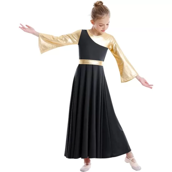 OwlFay Praise Dance Dresses for Girls Gold Metallic Color Block Liturgical Worship Dancewear Celebration of Spirit PraisewearBlack  Gold