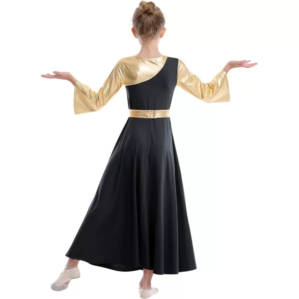 OwlFay Praise Dance Dresses for Girls Gold Metallic Color Block Liturgical Worship Dancewear Celebration of Spirit PraisewearBlack  Gold