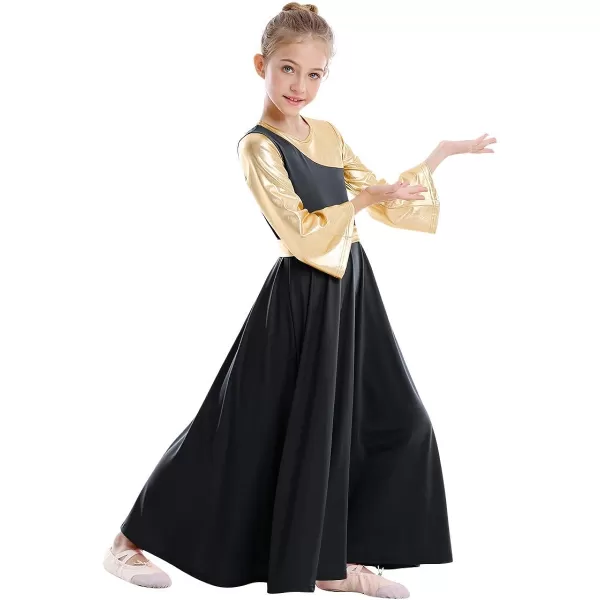 OwlFay Praise Dance Dresses for Girls Gold Metallic Color Block Liturgical Worship Dancewear Celebration of Spirit PraisewearBlack  Gold