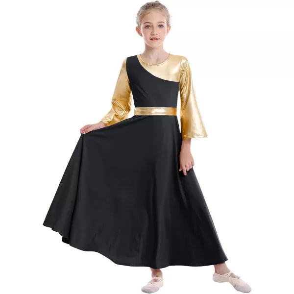 OwlFay Praise Dance Dresses for Girls Gold Metallic Color Block Liturgical Worship Dancewear Celebration of Spirit PraisewearBlack  Gold