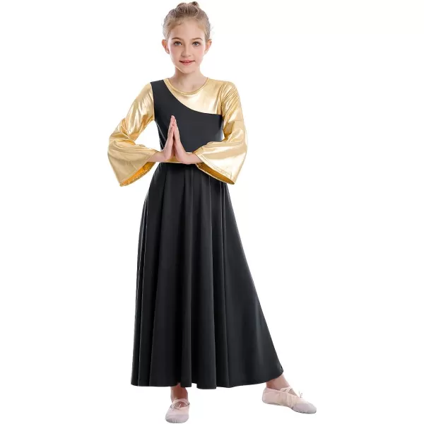 OwlFay Praise Dance Dresses for Girls Gold Metallic Color Block Liturgical Worship Dancewear Celebration of Spirit PraisewearBlack  Gold