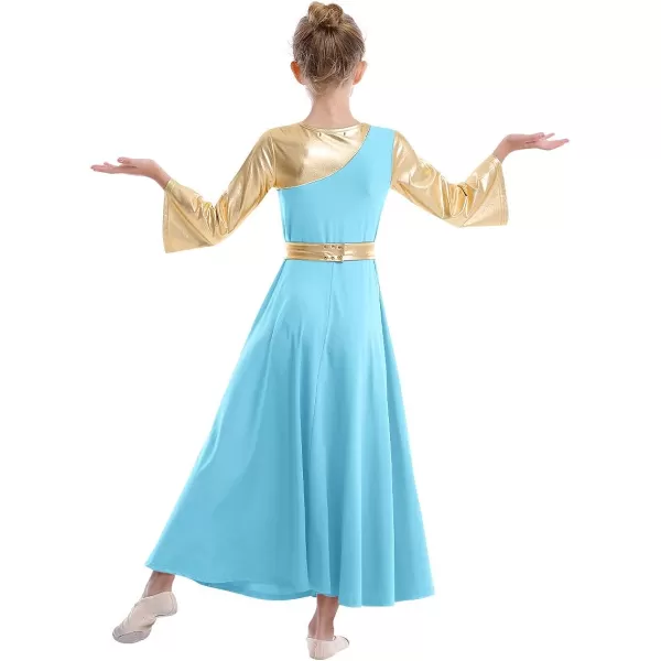 OwlFay Praise Dance Dresses for Girls Gold Metallic Color Block Liturgical Worship Dancewear Celebration of Spirit PraisewearBlue  Gold