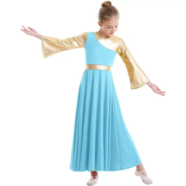 OwlFay Praise Dance Dresses for Girls Gold Metallic Color Block Liturgical Worship Dancewear Celebration of Spirit PraisewearBlue  Gold