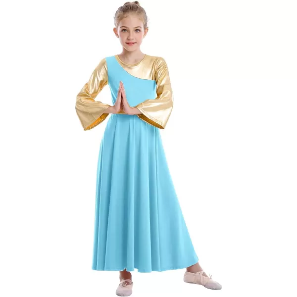 OwlFay Praise Dance Dresses for Girls Gold Metallic Color Block Liturgical Worship Dancewear Celebration of Spirit PraisewearBlue  Gold