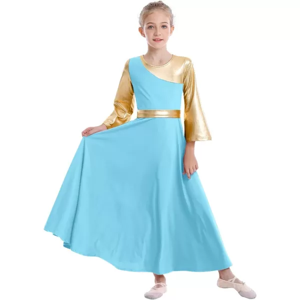 OwlFay Praise Dance Dresses for Girls Gold Metallic Color Block Liturgical Worship Dancewear Celebration of Spirit PraisewearBlue  Gold