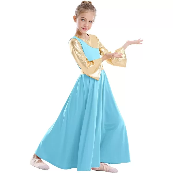 OwlFay Praise Dance Dresses for Girls Gold Metallic Color Block Liturgical Worship Dancewear Celebration of Spirit PraisewearBlue  Gold