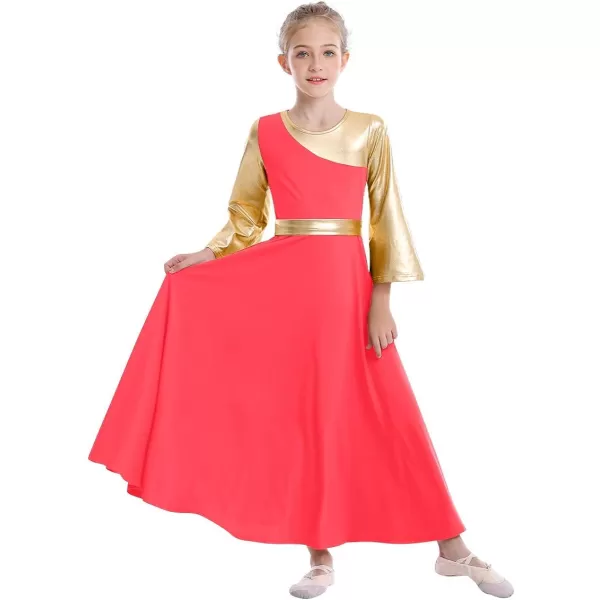 OwlFay Praise Dance Dresses for Girls Gold Metallic Color Block Liturgical Worship Dancewear Celebration of Spirit PraisewearFluorescent Orange  Gold