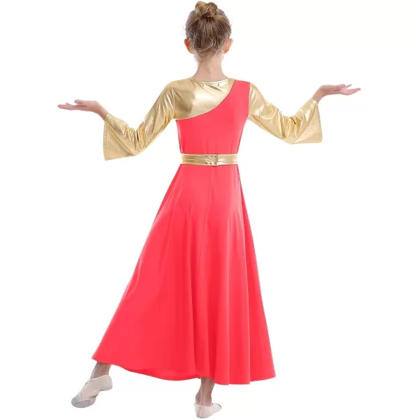 OwlFay Praise Dance Dresses for Girls Gold Metallic Color Block Liturgical Worship Dancewear Celebration of Spirit PraisewearFluorescent Orange  Gold