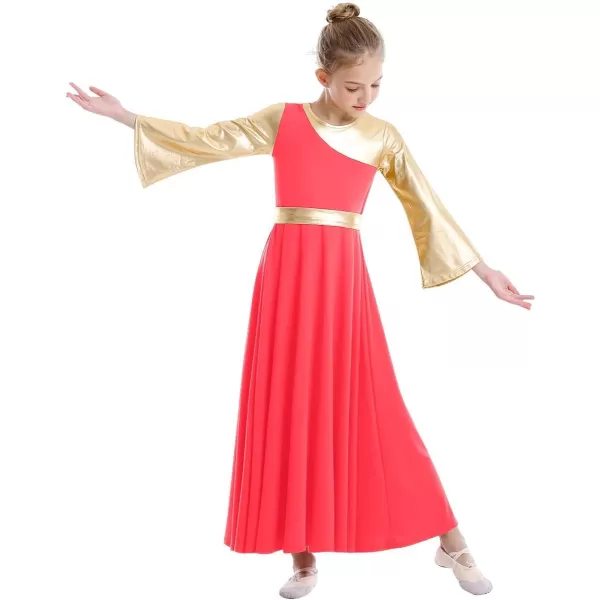 OwlFay Praise Dance Dresses for Girls Gold Metallic Color Block Liturgical Worship Dancewear Celebration of Spirit PraisewearFluorescent Orange  Gold