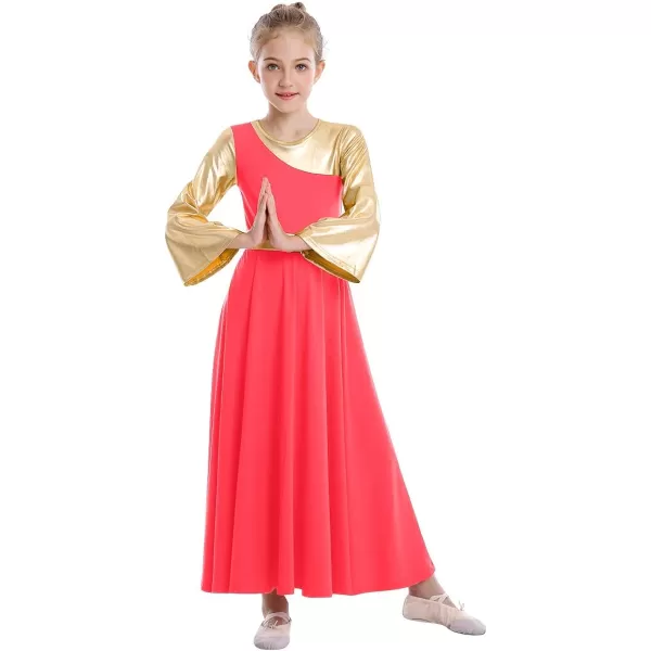 OwlFay Praise Dance Dresses for Girls Gold Metallic Color Block Liturgical Worship Dancewear Celebration of Spirit PraisewearFluorescent Orange  Gold