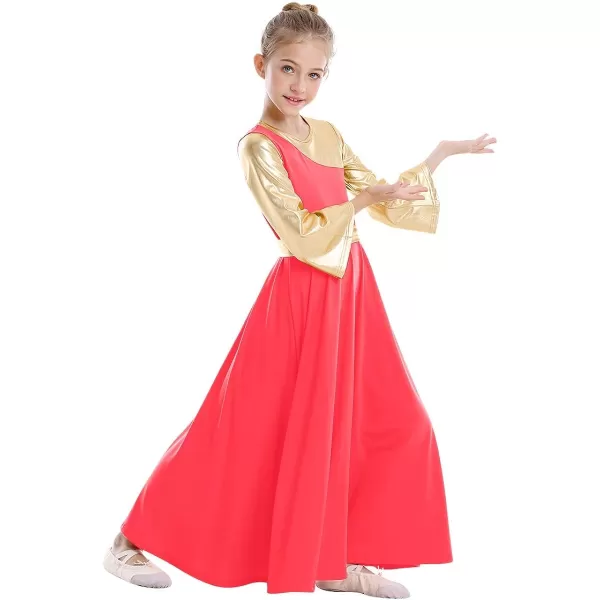 OwlFay Praise Dance Dresses for Girls Gold Metallic Color Block Liturgical Worship Dancewear Celebration of Spirit PraisewearFluorescent Orange  Gold