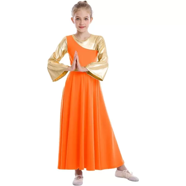 OwlFay Praise Dance Dresses for Girls Gold Metallic Color Block Liturgical Worship Dancewear Celebration of Spirit PraisewearOrange  Gold