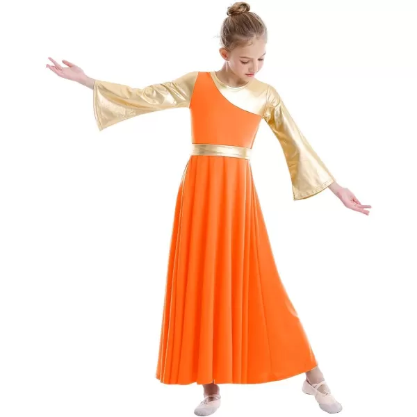 OwlFay Praise Dance Dresses for Girls Gold Metallic Color Block Liturgical Worship Dancewear Celebration of Spirit PraisewearOrange  Gold