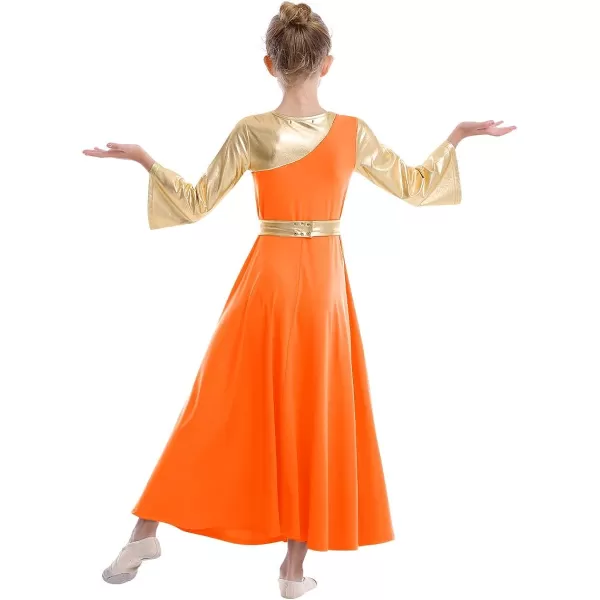 OwlFay Praise Dance Dresses for Girls Gold Metallic Color Block Liturgical Worship Dancewear Celebration of Spirit PraisewearOrange  Gold