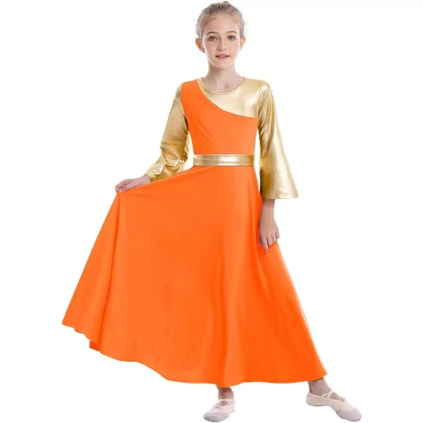 OwlFay Praise Dance Dresses for Girls Gold Metallic Color Block Liturgical Worship Dancewear Celebration of Spirit PraisewearOrange  Gold