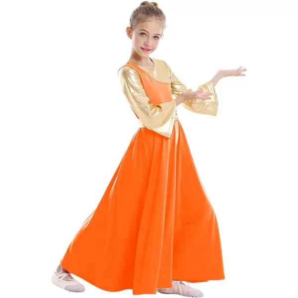 OwlFay Praise Dance Dresses for Girls Gold Metallic Color Block Liturgical Worship Dancewear Celebration of Spirit PraisewearOrange  Gold