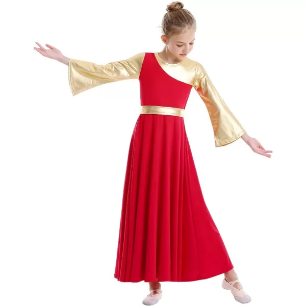 OwlFay Praise Dance Dresses for Girls Gold Metallic Color Block Liturgical Worship Dancewear Celebration of Spirit PraisewearRed  Gold