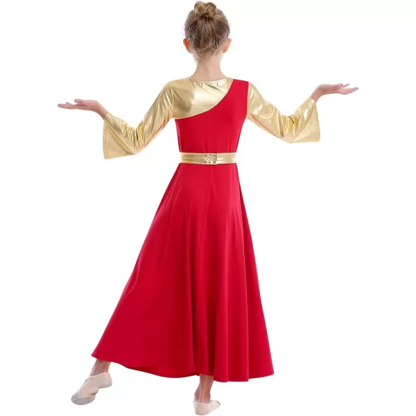 OwlFay Praise Dance Dresses for Girls Gold Metallic Color Block Liturgical Worship Dancewear Celebration of Spirit PraisewearRed  Gold