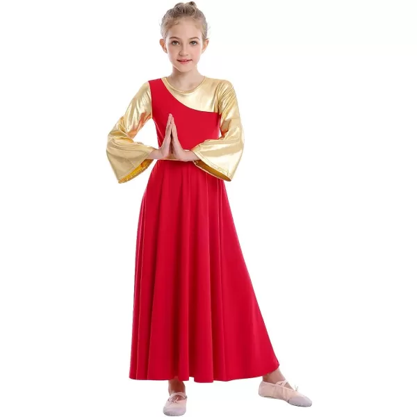 OwlFay Praise Dance Dresses for Girls Gold Metallic Color Block Liturgical Worship Dancewear Celebration of Spirit PraisewearRed  Gold