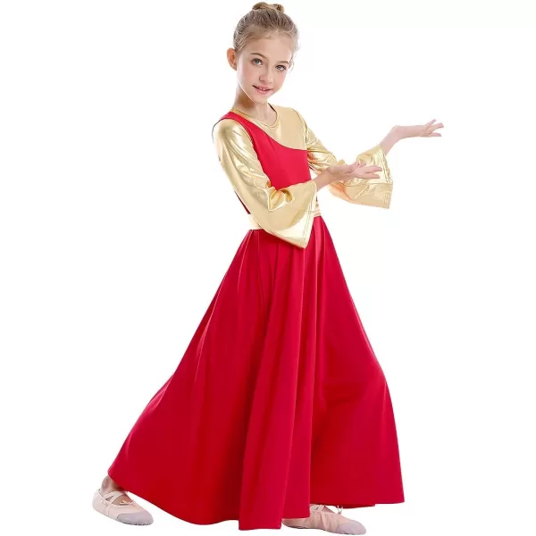 OwlFay Praise Dance Dresses for Girls Gold Metallic Color Block Liturgical Worship Dancewear Celebration of Spirit PraisewearRed  Gold