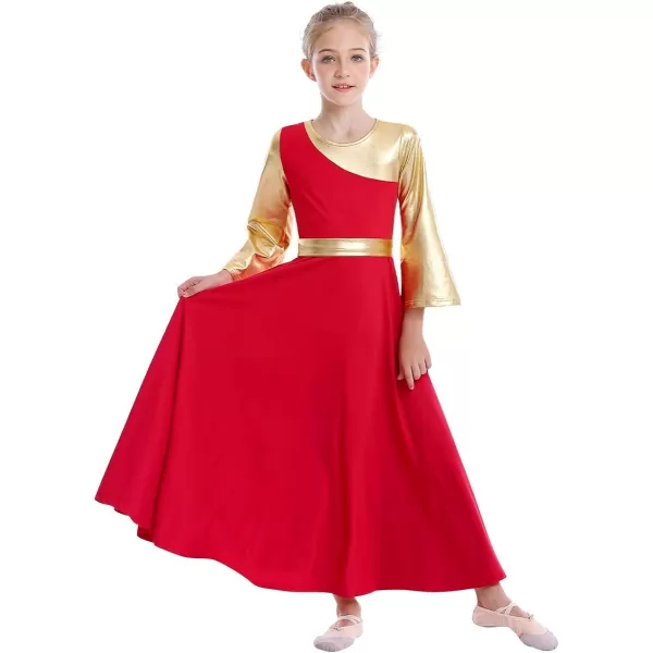 OwlFay Praise Dance Dresses for Girls Gold Metallic Color Block Liturgical Worship Dancewear Celebration of Spirit PraisewearRed  Gold