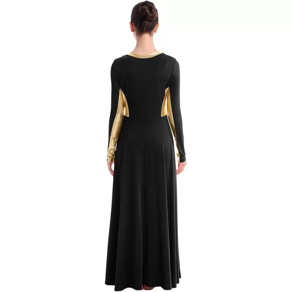 OwlFay Women Metallic Long Sleeve Praise Dance Dress Full Length Loose Fit Swing Gown Liturgical Tunic Skirt Worship CostumeBlack