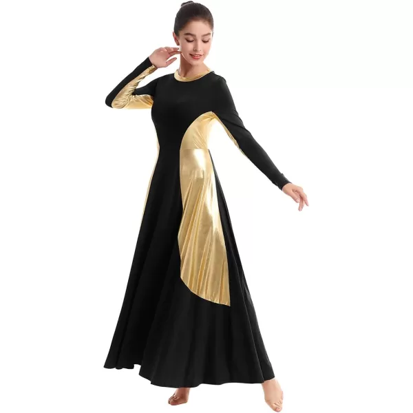 OwlFay Women Metallic Long Sleeve Praise Dance Dress Full Length Loose Fit Swing Gown Liturgical Tunic Skirt Worship CostumeBlack