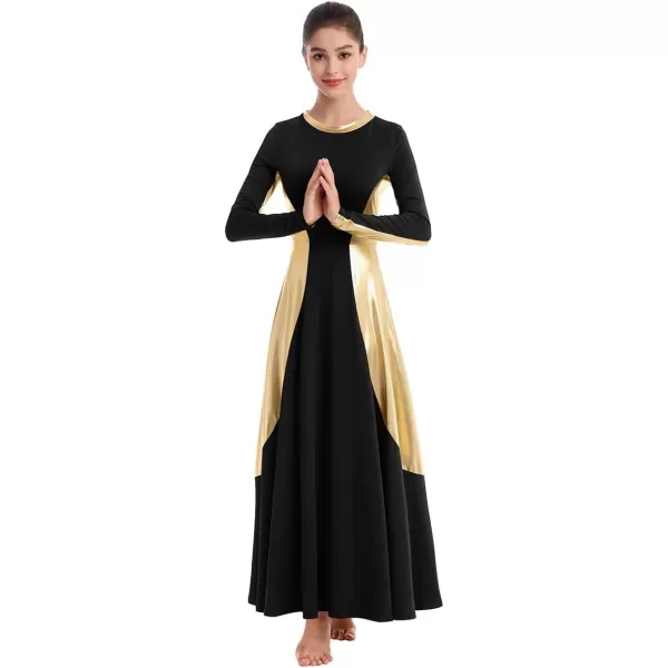 OwlFay Women Metallic Long Sleeve Praise Dance Dress Full Length Loose Fit Swing Gown Liturgical Tunic Skirt Worship CostumeBlack