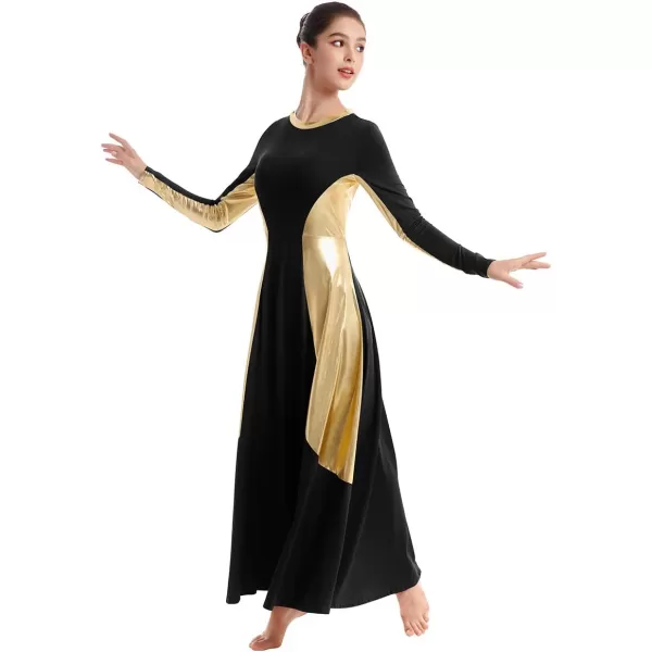 OwlFay Women Metallic Long Sleeve Praise Dance Dress Full Length Loose Fit Swing Gown Liturgical Tunic Skirt Worship CostumeBlack