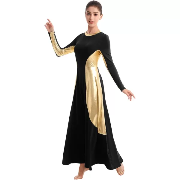 OwlFay Women Metallic Long Sleeve Praise Dance Dress Full Length Loose Fit Swing Gown Liturgical Tunic Skirt Worship CostumeBlack