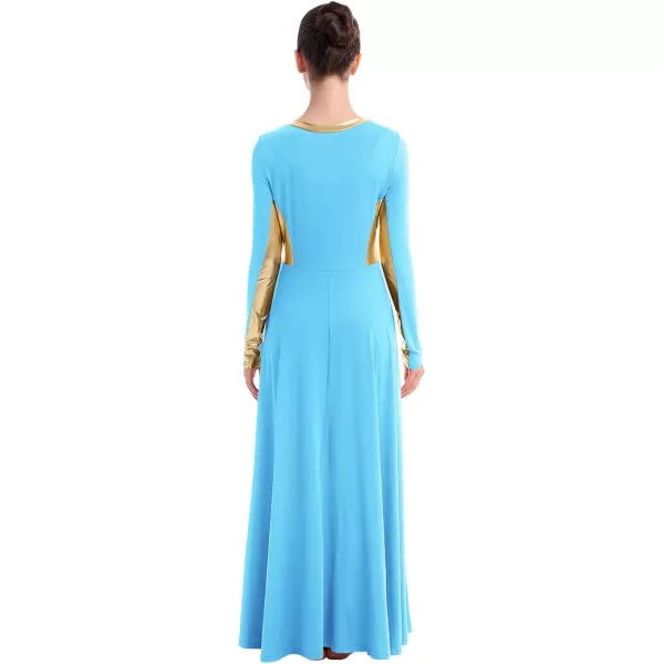 OwlFay Women Metallic Long Sleeve Praise Dance Dress Full Length Loose Fit Swing Gown Liturgical Tunic Skirt Worship CostumeBlue