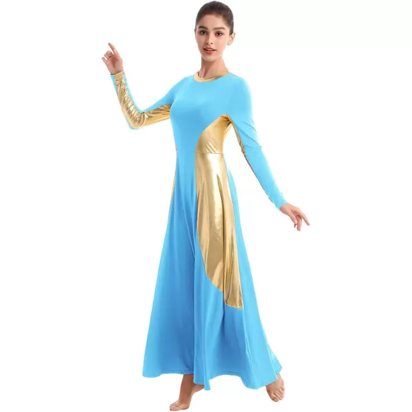 OwlFay Women Metallic Long Sleeve Praise Dance Dress Full Length Loose Fit Swing Gown Liturgical Tunic Skirt Worship CostumeBlue