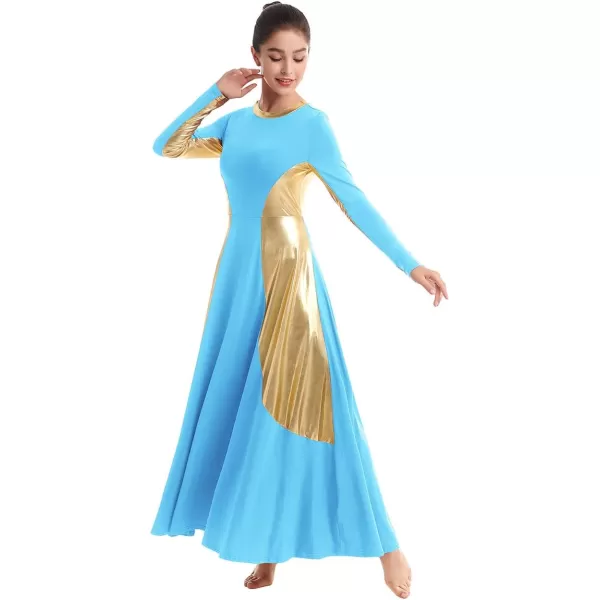 OwlFay Women Metallic Long Sleeve Praise Dance Dress Full Length Loose Fit Swing Gown Liturgical Tunic Skirt Worship CostumeBlue