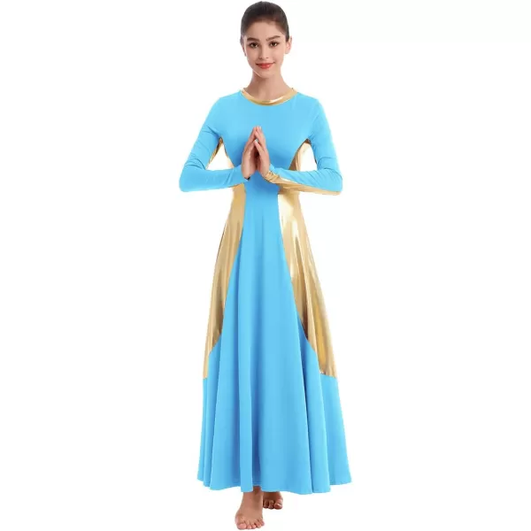 OwlFay Women Metallic Long Sleeve Praise Dance Dress Full Length Loose Fit Swing Gown Liturgical Tunic Skirt Worship CostumeBlue