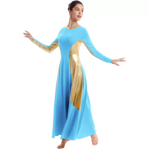 OwlFay Women Metallic Long Sleeve Praise Dance Dress Full Length Loose Fit Swing Gown Liturgical Tunic Skirt Worship CostumeBlue